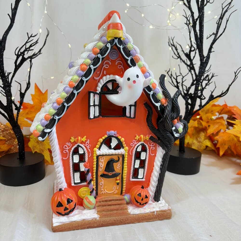 GHOULISH Halloween Orange LED Light Up Frosted Candy Ghost Gingerbread House 12"